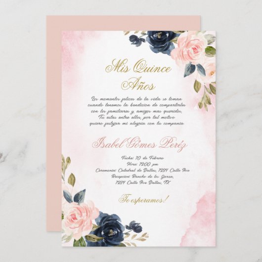 Rose Quinceanera invitation en espagnol (Devant / Derrière)
