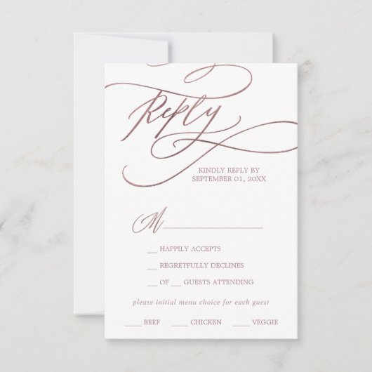 Rose romantique Gold Calligraphie Menu Choix RSVP (Devant)