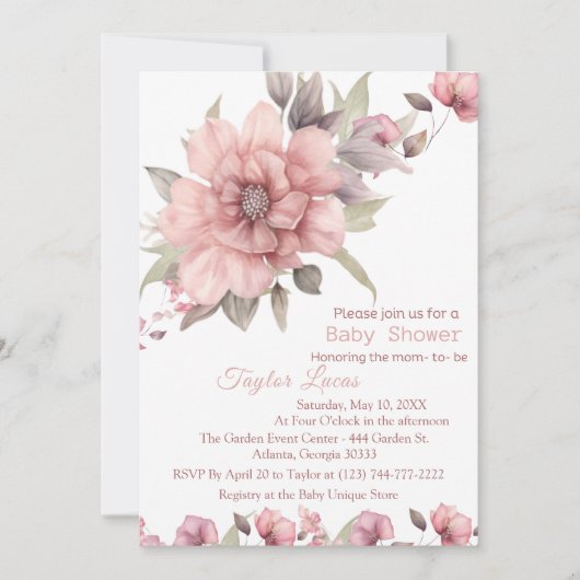 Rose rose avec Baby shower vert Invitation (Devant)