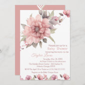 Rose rose avec Baby shower vert Invitation (Devant / Derrière)