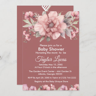 Rose rose avec Baby shower vert Invitation