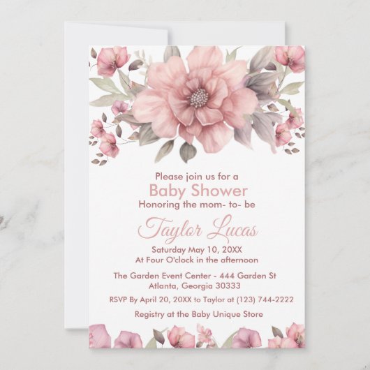 Rose rose avec Baby shower vert Invitation (Devant)