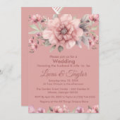 Rose rose avec Faire-part de mariage verdoyante (Devant / Derrière)