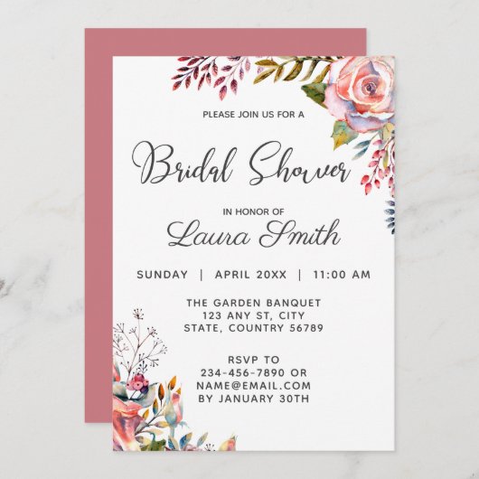 Rose Rose Blush Floral Douche nuptiale Invitation (Devant / Derrière)