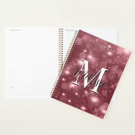Rose Rose Bokeh Moderne Monogramme Sparkle Planner (Devant avec enveloppe)