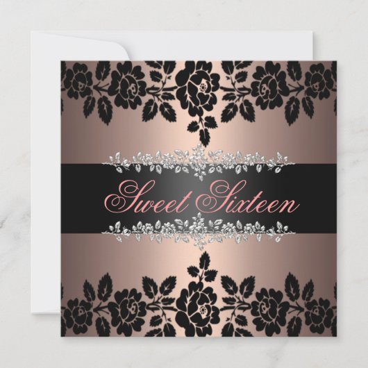 Rose rose clair et noir doux 16 Invitation (Devant)