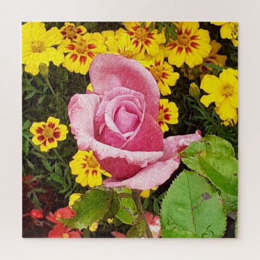 Rose rose et Fleurs Jaunes Puzzle (Vertical)