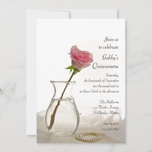 Rose rose et perles Quinceanera Party Invitation (Devant)