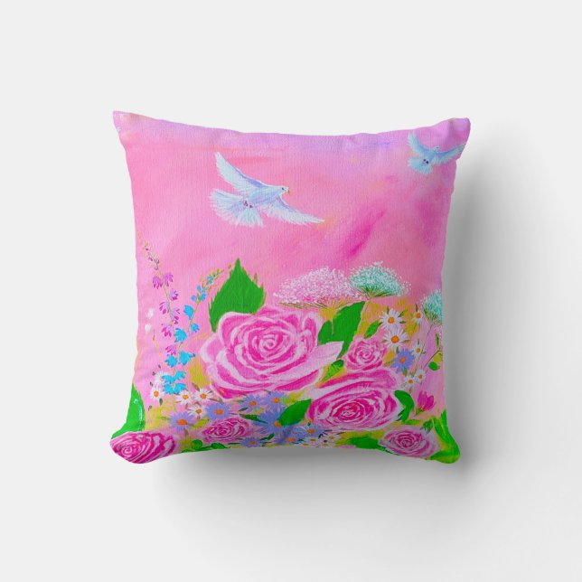 Rose rose et pigeon blanc design coussin (Recto)