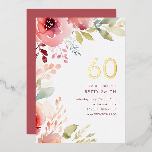 Rose rose floral 60e anniversaire Invitation (Recto/Verso)