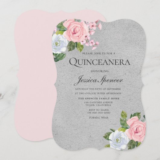 Rose Rose Floral Argent Quinceanera Invitation du (Devant / Derrière)