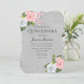 Rose Rose Floral Argent Quinceanera Invitation du (Debout devant)