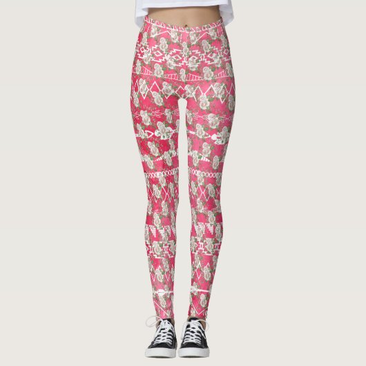 Rose rose Floral Aztec Motif Leggings (Devant)