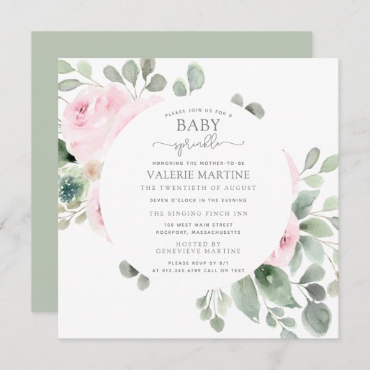 Rose rose Floral Baby Sprinkl Invitation (Devant / Derrière)