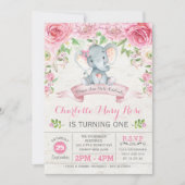 Rose rose Floral Eléphant Invitation de fête d'ann (Devant)