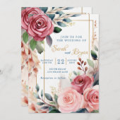 Rose Rose Floral vert Boho Faire-part de mariage (Devant / Derrière)