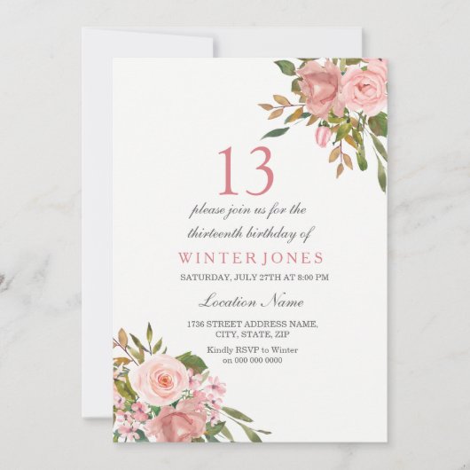 Rose Rose Gold Flowers 13e anniversaire Invitation (Devant)