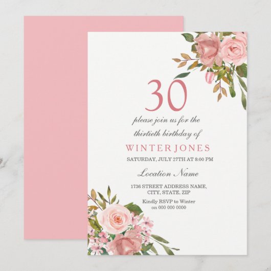 Rose Rose Gold Flowers 30e anniversaire Invitation (Devant / Derrière)