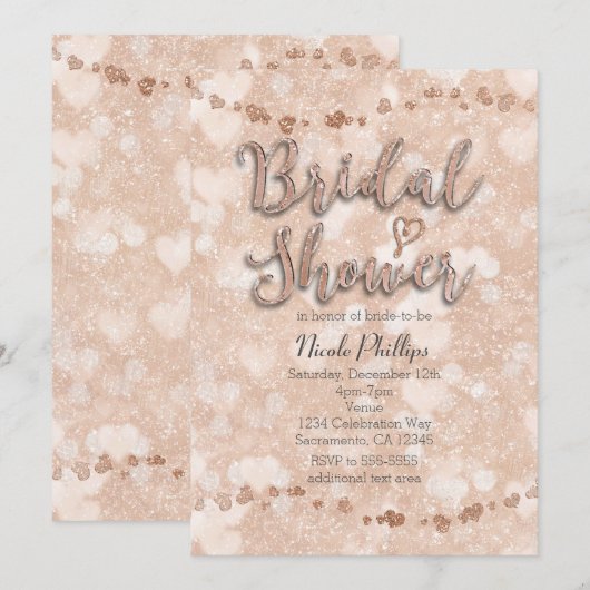 Rose Rose Gold Hearts Bridal Shower Invitations (Devant / Derrière)