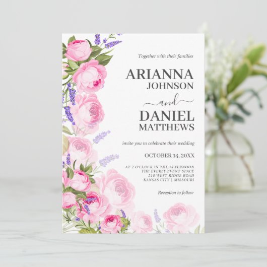 Rose rose & Lavender Floral Invitation (Debout devant)