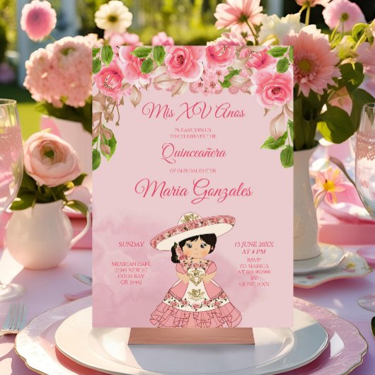 Rose rose Mexicaine Mis Quince Invitation
