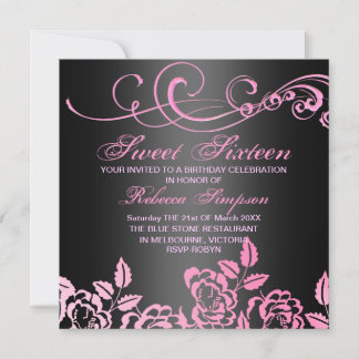 Rose rose/noir doux 16 Invitation d'anniversaire
