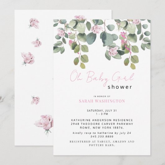 Rose Rose Oh Baby Girl Douche Invitation (Devant / Derrière)