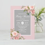 Rose Rose Or Fleurs Gris Baby shower Invitation (Debout devant)