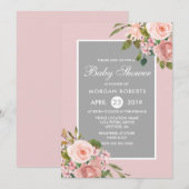 Rose Rose Or Fleurs Gris Baby shower Invitation (Devant / Derrière)