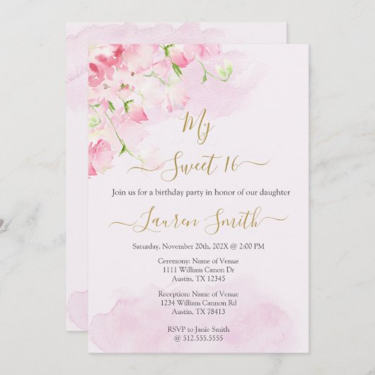 Rose rose pâle 16 invitation (Devant / Derrière)