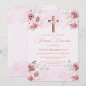 Rose rose première communion invitation en espagno (Devant / Derrière)