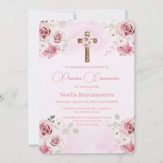 Rose rose première communion invitation en espagno (Devant)