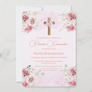 Rose rose première communion invitation en espagno