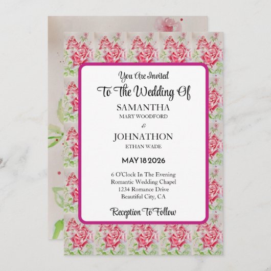 Rose rose Rose Faire-part de mariage (Devant / Derrière)