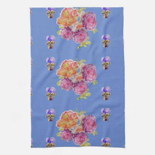 Rose rose Shabby sur bleu Floral Cuisine Serviette (Vertical)