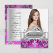 Rose rose Tiara & Floral Quinceanera Invitation (Devant / Derrière)