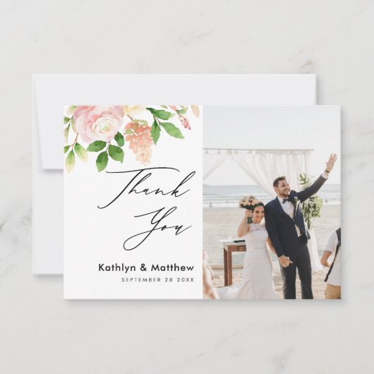 Rose Rose vert Élégant Script Carte de remerciemen (Devant)