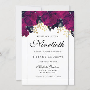 Rose Roses Or et blanc 90e anniversaire Invitation