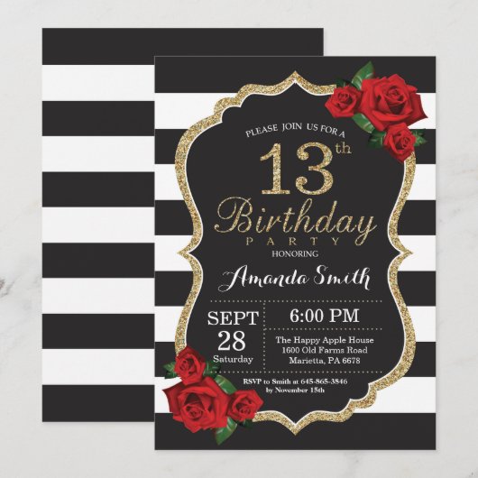 Rose rouge 13e anniversaire Invitation Parties sci (Devant / Derrière)