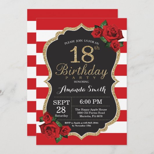 Rose rouge 18e anniversaire Invitation Parties sci (Devant / Derrière)