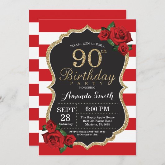 Rose rouge 90e anniversaire Invitation Parties sci (Devant / Derrière)