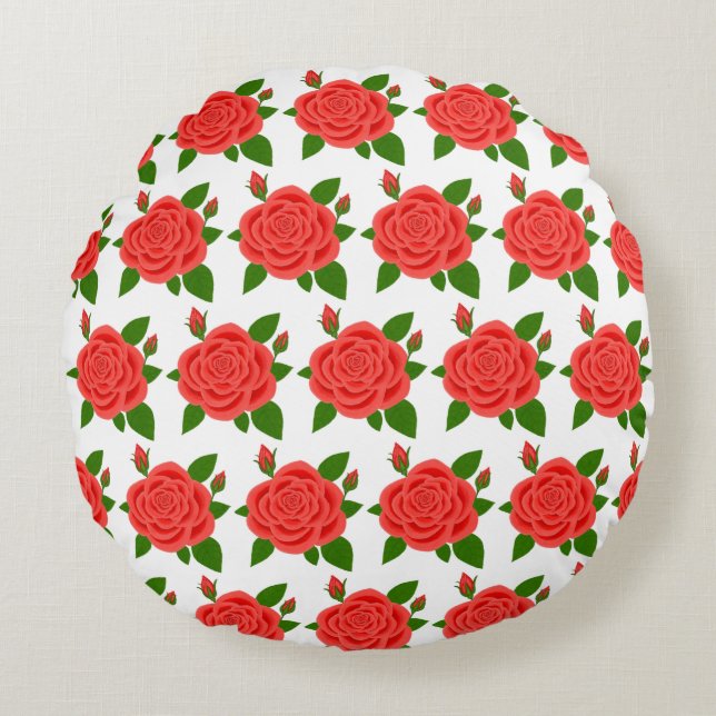 Rose rouge avec bourgeons Coussin rond blanc (Devant)