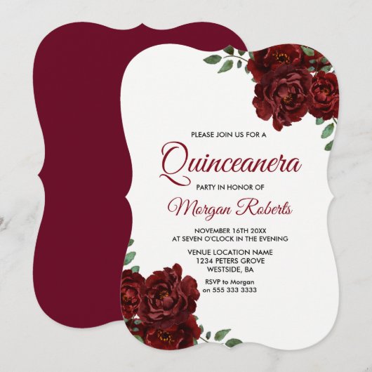 Rose rouge Bourgogne Belle Quinceanera Invitation (Devant / Derrière)