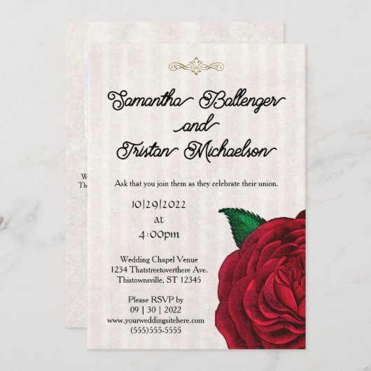 Rose rouge classique sur Faire-part de mariage Vel (Devant / Derrière)