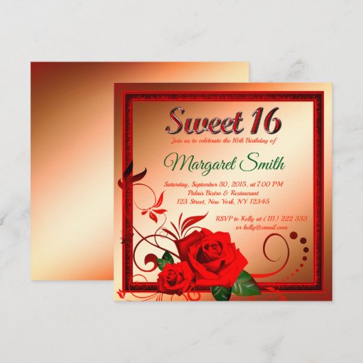 Rose rouge doré 16 invitation (Devant / Derrière)