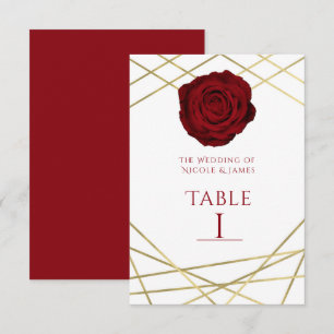 Rose Rouge & Lignes Dorées Numéro de Table Élégant