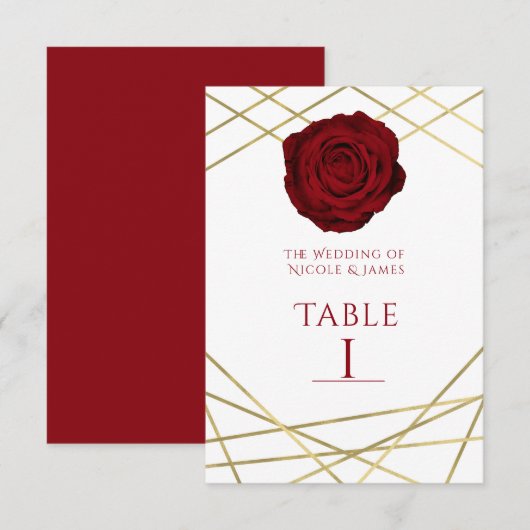 Rose Rouge & Lignes Dorées Numéro de Table Floral (Devant / Derrière)