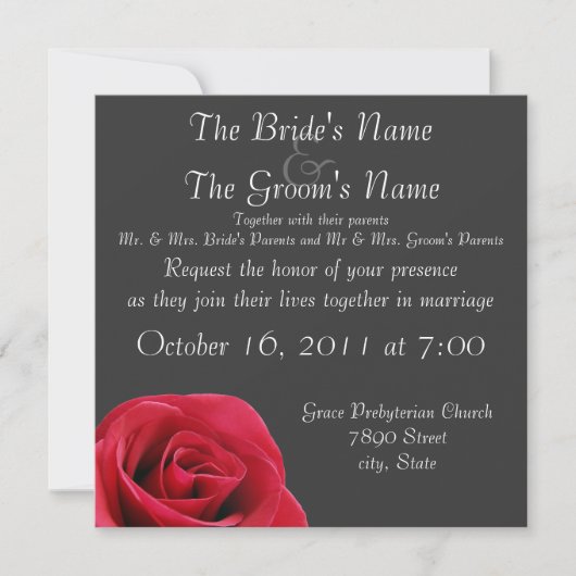 rose rouge sur les invitations à un mariage gris (Devant)