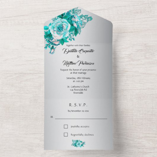 Rose Silver Aqua tout en un Faire-part de mariage (À l'intérieur)