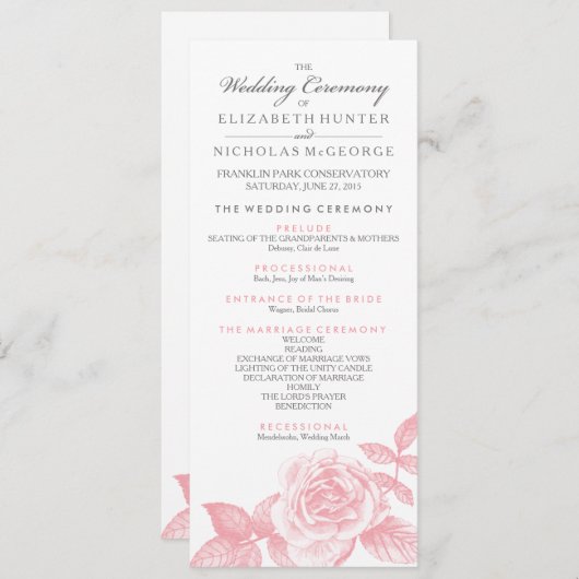 Rose Sketch Wedding Programme en rose (Devant / Derrière)